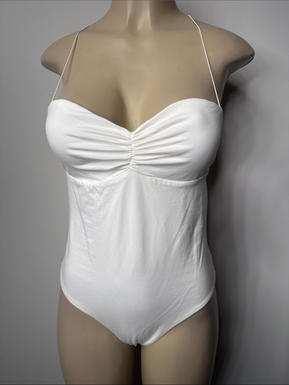 Meshki White Ruched Bodysuit with Spaghetti Straps